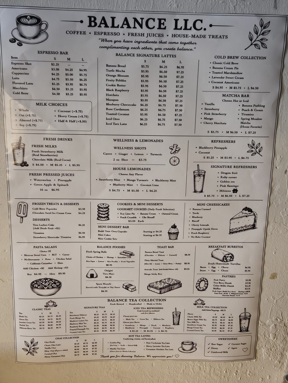 Balance Cafe's printed menu board, photographed on-site — the only input used to build the draft site.